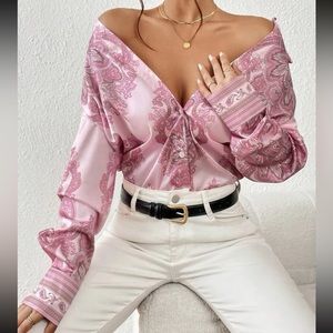 boho Floral Print Drop Shoulder oversized button up Shirt satin pink paisley